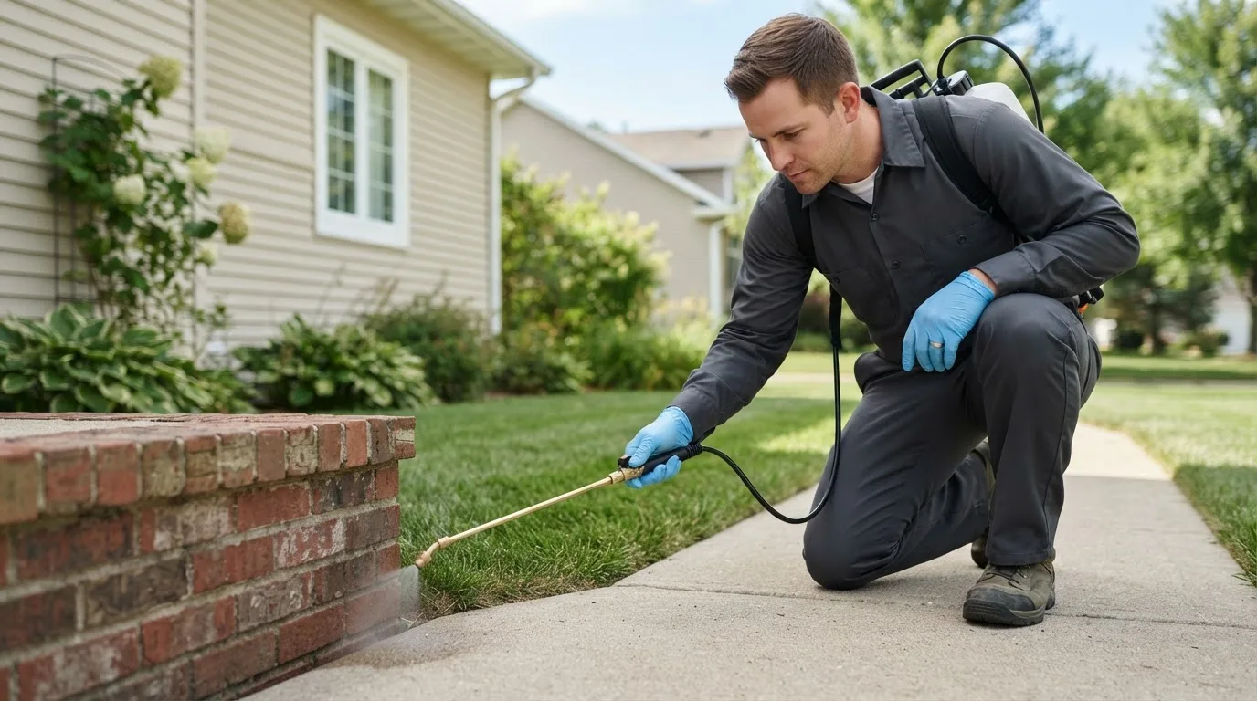 Pest control technician treating a home near Blakeslee, OH