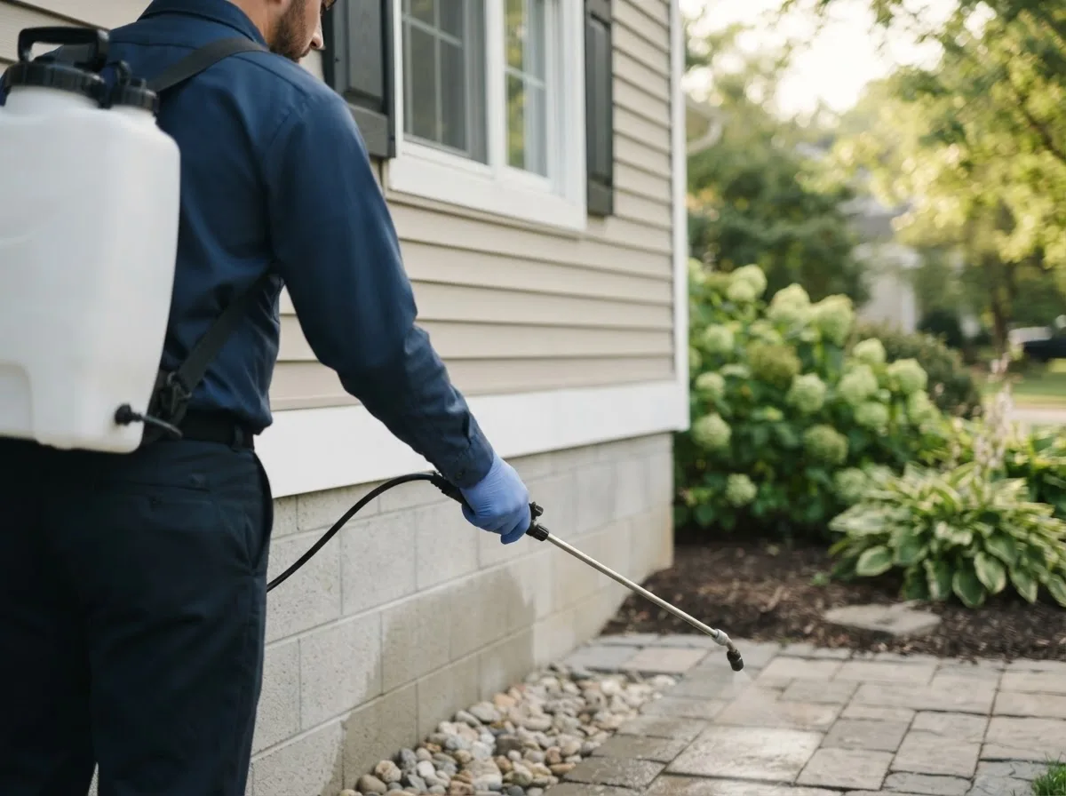 Pest control technician inspecting a home in Blakeslee, OH
